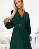 sukienki maxi damskie 414-1 KLARA plisowana sukienka z paskiem i dekoltem - ZIELEŃ BUTELKOWA 4