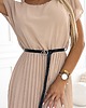 sukienki maxi damskie 548-1 Plisowana sukienka midi z czarnym paskiem - beżowa 4