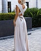 sukienki maxi damskie 509-2 Elegancka długa suknia wiązana na wiele sposobów - beżowa z brokatem 4