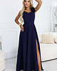 sukienki maxi damskie 643-4 Elegancka wieczorowa suknia maxi z rozcięciem i różami - granatowa XS 4