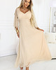 sukienki maxi damskie 655-4 Długa połyskująca w świetle suknia z dekoltem - beżowa 1