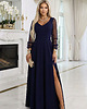 sukienki maxi damskie 640-3 LORETTA Długa sukienka z tiulowymi rękawami i dekoltem - granatowa 2