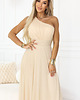 sukienki maxi damskie 656-2 Długa błyszcząca suknia wieczorowa na jedno ramię - szampański beż 3