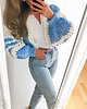 kardigany damskie Bawełniany kardigan niebieski białe ozdobne rękawy handmade 3