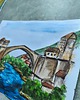 grafiki i ilustracje Mostar miasto most Bośnia pejzaż rzeka obraz akwarela 21x30 2