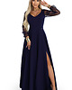 sukienki maxi damskie 640-3 LORETTA Długa sukienka z tiulowymi rękawami i dekoltem - granatowa 8