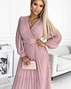 sukienki maxi damskie 414-2 KLARA plisowana sukienka z paskiem i dekoltem - PUDROWY RÓŻ 2