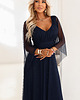 sukienki maxi damskie 655-3 Długa połyskująca w świetle suknia z dekoltem - granatowa 1