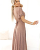 sukienki maxi damskie 581-4 połyskująca długa suknia z rękawkiem i dekoltem - MOCHA MOUSSE 4