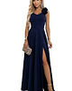 sukienki maxi damskie 643-4 Elegancka wieczorowa suknia maxi z rozcięciem i różami - granatowa 7