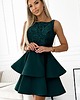 sukienki mini damskie 205-4 Podwójnie rozkloszowana sukienka z koronkową górą - zieleń butelkowa 2