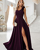sukienki maxi damskie 643-11 Elegancka wieczorowa suknia maxi z rozcięciem i różami - śliwka 5