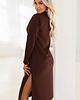 sukienki midi damskie 649-1 Elegancka sukienka midi z kołnierzykiem i rozcięciem - czekolada 3