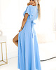 sukienki maxi damskie 581-3 JENNIFER długa suknia z rozcięciem na nogę, rękawkiem - błękitna 2