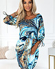 sukienki midi damskie 281-7 SOPHIE Wygodna sukienka z kieszeniami Oversize - NIEBIESKO-ZŁOTE FALE 2
